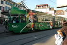 Die Schweiz im Fussball-Fieber: Carlsberg-Trämli auf dem Basler Barfüsser-Platz (Barfi). Sport, Fussball Europameisterschafts Spiele Euro Host City, Werbung, Sponsoring UEFA, Öffentlicher Verkehr; public transport publicity euro 08 football 
games in Basel, Airline Swiss and Bank Credit Suisse are sponsoring the Basler Trämli