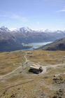 Aussicht vom Piz Nair Richtung Corvatsch, Bernina und die fünf Gletscherseen, Panoramic view of the Corvatsch and Bernina mountains from Piz Nair. 