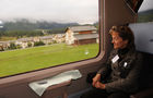 Bundesrätin und Justizministerin Eveline Widmer-Schlumpf im RhB-Zug auf der Fahrt zur 100 Jahre Bernina-Bahn Feier. Swiss Chancellor and Minister of Justice Eveline Widmer-Schlumpf in the train