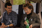 Bundesrätin und Justizministerin Eveline Widmer-Schlumpf mit ihrem Ehemann im RhB-Zug auf der Fahrt zur 100 Jahre Bernina-Bahn Feier. Swiss Chancellor and Minister of Justice Eveline Widmer-Schlumpf with her husband in the train