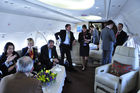 Konferenz an Bord eines Airbus Business Jets, der für 19 Passagiere oder Geschäftsreisende viel Platz und Komfort bietet. Conference on board of a Airbus business jet, which offering 19 passengers a lot of space and luxury.