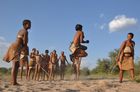 Tanzende Buschmänner und Frauen in der Zentral-Kalahari bei der Grassland Safari Lodge