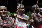 Kenyas beautifull Masai-Women parade at the VIP welcome-ceremony at Diani Reef Hotel