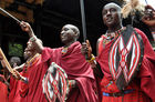 Kenyas beautifull Masai-men-parade at the VIP welcome-ceremony at Diani Reef Hotel