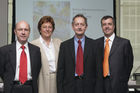 Bilanzmedienkonferenz SV Group. Bild: Ulrich Liechti, CFO SV Group; Susy Brueschweiler, CEO SV Group; Ernst A. Brugger, Praesident des Verwaltungsrats; Philippe Echenard, CEO SV Schweiz