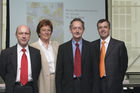 Bilanzmedienkonferenz SV Group. Bild: Ulrich Liechti, CFO SV Group; Susy Brueschweiler, CEO SV Group; Ernst A. Brugger, Praesident des Verwaltungsrats; Philippe Echenard, CEO SV Schweiz