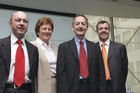 Bilanzmedienkonferenz SV Group. Bild: Ulrich Liechti, CFO SV Group; Susy Brueschweiler, CEO SV Group; Ernst A. Brugger, Praesident des Verwaltungsrats; Philippe Echenard, CEO SV Schweiz