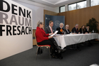 Am 22. Jänner 2015 hat sich der Denk.Raum.Fresach bei einem Pressegespräch in der Alpen-Adria-Universität Klagenfurt der Öffentlichkeit vorgestellt. Der Präsident des Kuratoriums, Hannes Swoboda, informierte über die ersten Maßnahmen, darunter die Veranstaltung der Europäischen Toleranzgespräche am 22. Mai im Bergdorf Fresach. Im Bild: Museums-Geschäftsführerin Hilde Schaumberger, Evang. Superintendent Manfred Sauer, PEN-Club Austria Präsident Helmut A. Niederle, Hannes Swoboda, Landtagspräsident Reinhart Rohr, IV-GF Claudia Mischensky und Sebastian Schuschnig.