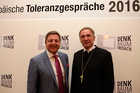 Zum Auftakt der Europäischen Toleranzgespräche 2016 lud der Kärntner Landeshauptmann Peter Kaiser die Teilnehmer zu einem Empfang ins Parkhotel Villach. Im Bild: Bürgermeister Günther Albel und Superintendent Manfred Sauer.