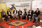 Im Spiegelsaal der Kärntner Landesregierung in Klagenfurt wurde das Programm der Europälschen Toleranzgespräche 2018 am Donnerstag abend vorgestellt. Im Bild (v.l.n.r.): Georg Overs (Region Villach Tourismus), Claudia Mischensky (IV Kärnten), Villachs Bürgermeister Günther Albel, Kuratoriumspräsident Hannes Swoboda, Marlies Krainz-Dürr (Pädag. Hochschule Kärnten), Landesrat Rolf Holub, Superintendent Manfred Sauer.
