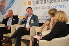 Das erste Tourismusforum im Rahmen der Europäischen Toleranzgespräche am 16. Mai 2018 im Hotel Holiday Inn Villach war der Suche nach dem Paradies in Europa und darüber hinaus gewidmet. Im Bild v.l.n.r. Manfred Kohl (Kohl & Partner), Michael Berndl (Romantik Hotels), Birgit Gebhardt, Gudrun Leb (ORF).
